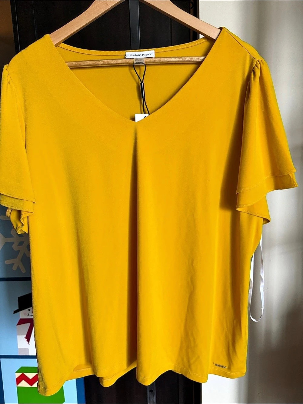 Calvin Klein Solid V-Neck Flutter-Sleeve Top Yellow Ruffle Sleeve Blouse Size 2X